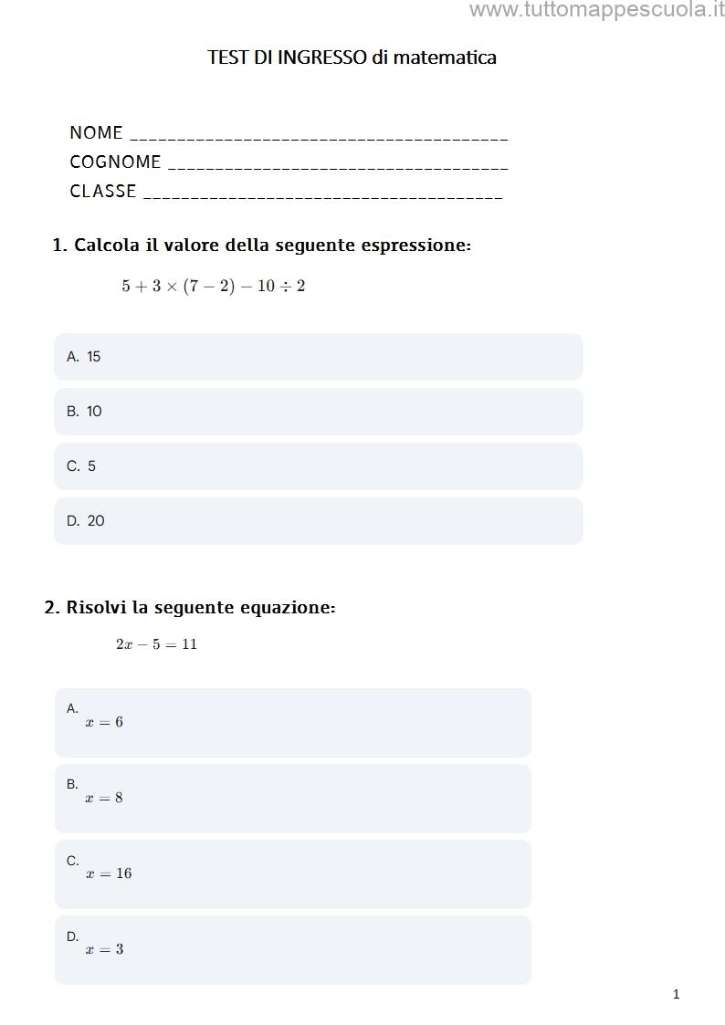 Anteprima test di ingresso di matematica